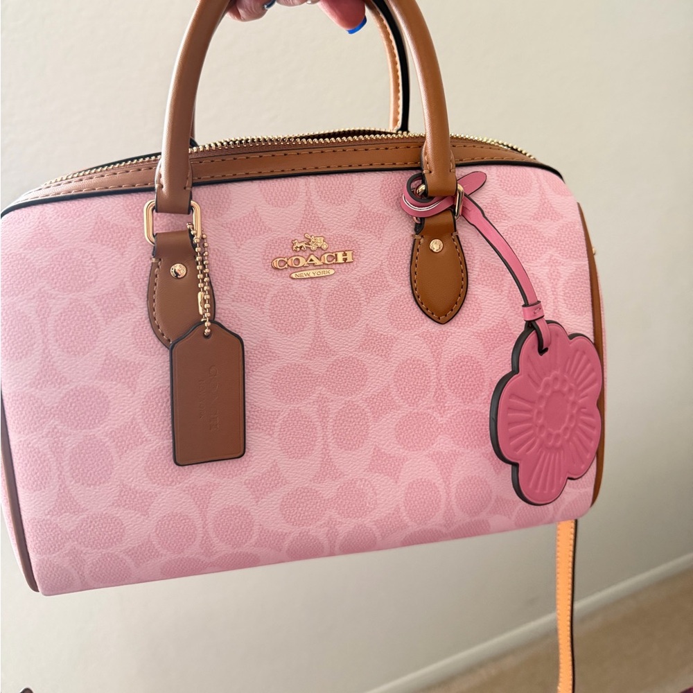 COACH Pink Signature Medium  Satchel with Brown Leather Trim and Gold Hardware - Picture 3 of 9